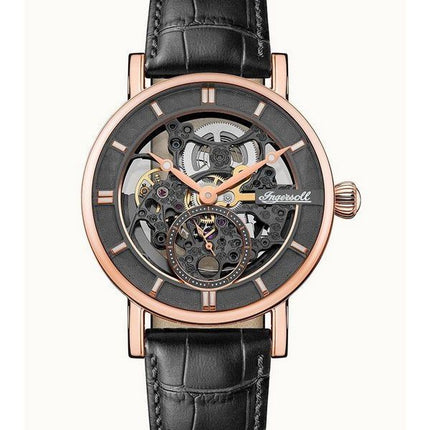 Ingersoll The Herald Automatik-Herrenuhr I00403B mit Lederarmband und schwarzem Skelett-Zifferblatt