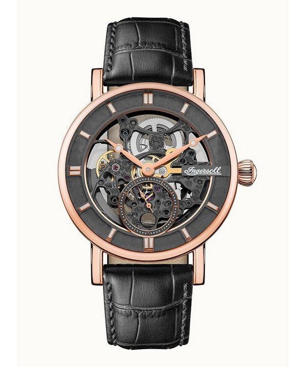 Ingersoll The Herald Automatik-Herrenuhr I00403B mit Lederarmband und schwarzem Skelett-Zifferblatt