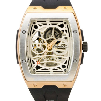 Ingersoll The Challenger Herrenuhr mit PU-Kautschukarmband, silbernem Skelettzifferblatt und Automatikwerk, Modell I12302