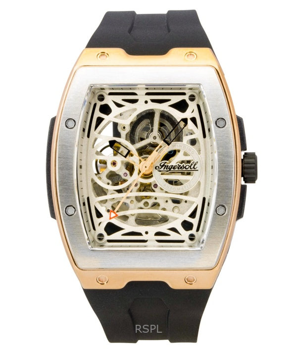 Ingersoll The Challenger Herrenuhr mit PU-Kautschukarmband, silbernem Skelettzifferblatt und Automatikwerk, Modell I12302