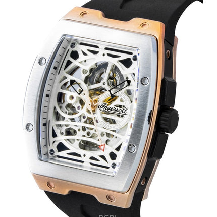 Ingersoll The Challenger Herrenuhr mit PU-Kautschukarmband, silbernem Skelettzifferblatt und Automatikwerk, Modell I12302