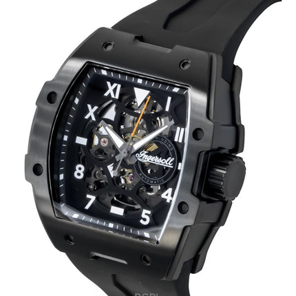 Ingersoll The Play Herrenuhr mit Polyurethanarmband, schwarzem Skelettzifferblatt und Automatik, Modell I15302