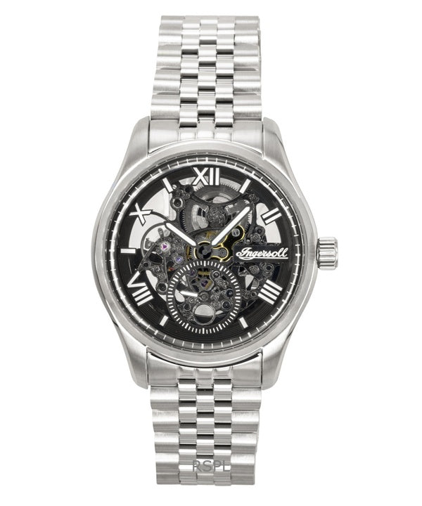 Ingersoll The Maverick Herrenuhr aus Edelstahl mit schwarzem Skelettzifferblatt und Automatikwerk, Modell I17403
