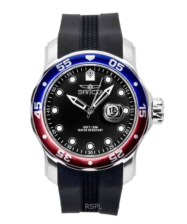 Invicta Pro Diver Herrenuhr mit Silikonarmband, schwarzem Zifferblatt und Pepsi-Lünette, Quarzwerk, Modell 45735, wasserdicht bis 200 m