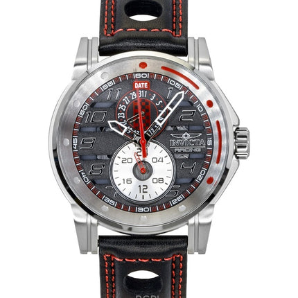 Invicta Racing Herrenuhr mit Lederarmband, skelettiertem schwarzem Zifferblatt und Quarzwerk (Modell 47533)