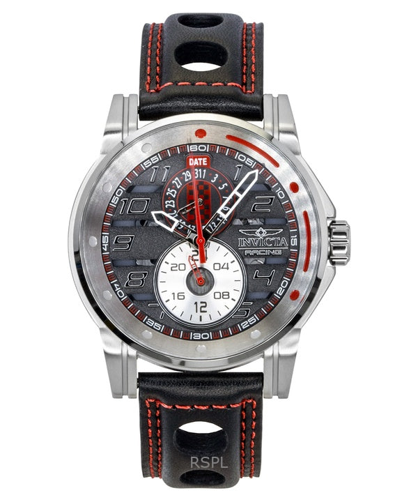 Invicta Racing Herrenuhr mit Lederarmband, skelettiertem schwarzem Zifferblatt und Quarzwerk (Modell 47533)