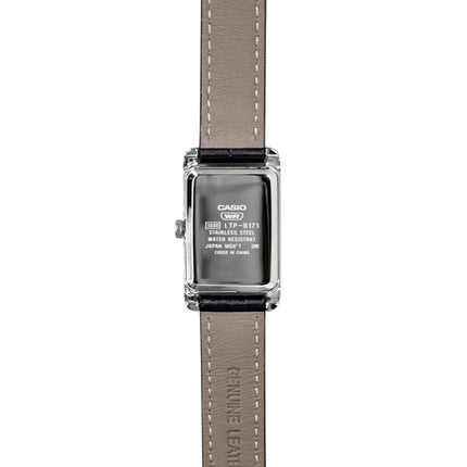 Casio Damenuhr mit analogem Lederarmband, silbernem Zifferblatt und Quarzwerk, Modell LTP-B171L-7A1