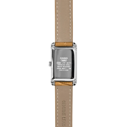 Casio Damenuhr mit analogem Lederarmband, silbernem Zifferblatt und Quarzwerk, Modell LTP-B171L-7A2