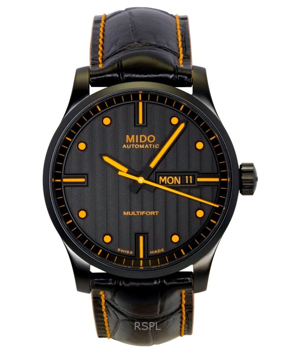 Mido Multifort Special Edition Herrenuhr mit Lederarmband, schwarzem Zifferblatt, Automatikwerk M005.430.36.051.80, wasserdicht bis 100 m, inklusive Ersatzarmband