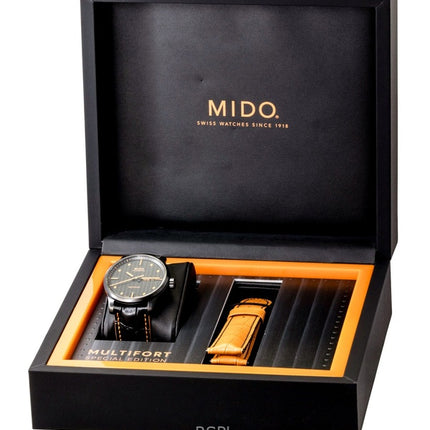 Mido Multifort Special Edition Herrenuhr mit Lederarmband, schwarzem Zifferblatt, Automatikwerk M005.430.36.051.80, wasserdicht bis 100 m, inklusive Ersatzarmband