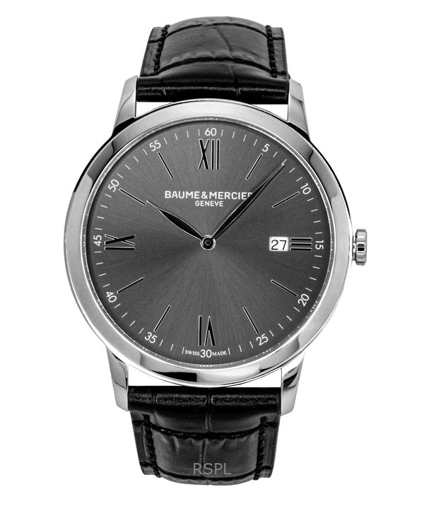 Baume &amp; Mercier Classima Herrenuhr mit Lederarmband, schwarzem Zifferblatt und Quarzwerk, Modell M0A10416