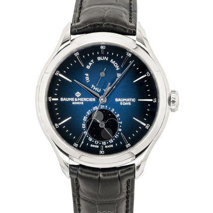 Baume &amp; Mercier Clifton Herrenuhr mit Lederarmband, Mondphase, blauem Zifferblatt und Automatik, Modell M0A10593