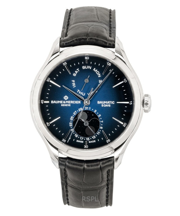 Baume &amp; Mercier Clifton Herrenuhr mit Lederarmband, Mondphase, blauem Zifferblatt und Automatik, Modell M0A10593