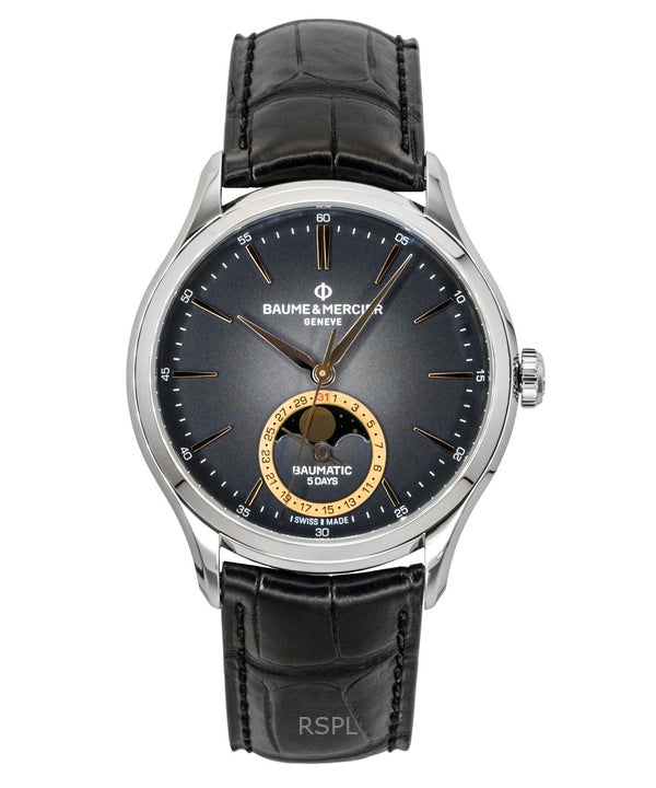 Baume &amp; Mercier Clifton Herrenuhr mit Lederarmband, Mondphase, schwarzem Zifferblatt und Automatikwerk, Modell M0A10758