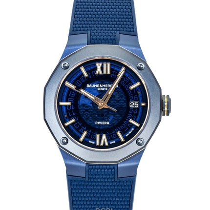 Baume &amp; Mercier Riviera Herrenuhr mit Kautschukarmband, blauem Zifferblatt, Automatik, M0A10769, wasserdicht bis 100 m