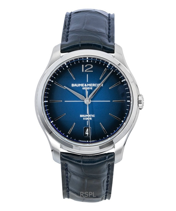Baume &amp; Mercier Clifton Herrenuhr mit Lederarmband, blauem Zifferblatt und Automatikwerk, Modell M0A10771