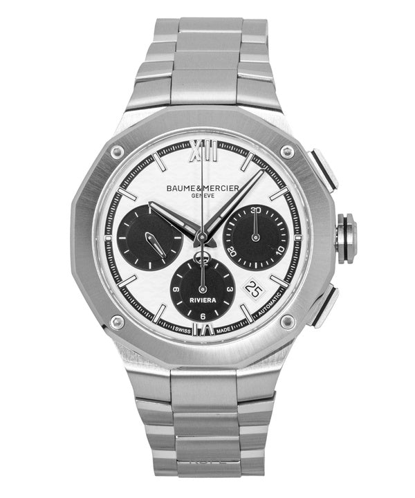 Baume &amp; Mercier Riviera Chronograph Edelstahl Weißes Zifferblatt Automatik M0A10827 100M Herrenuhr
