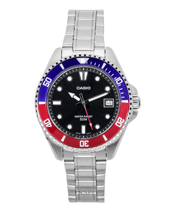 Casio Standard Analog Pepsi Lünette Edelstahl schwarzes Zifferblatt Quarz MDV-10D-1A3 Herrenuhr
