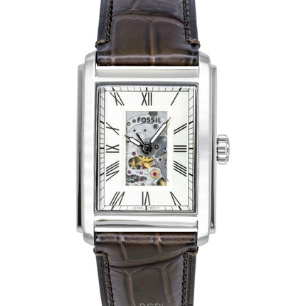 Fossil Carraway Herrenuhr mit Krokodillederarmband, offenem Herzmotiv, beigem Zifferblatt und Automatikwerk ME3272