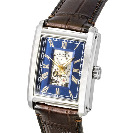 Fossil Carraway Herrenuhr mit Krokodillederarmband, offenem Herzmotiv, blauem Zifferblatt und Automatikwerk ME3273