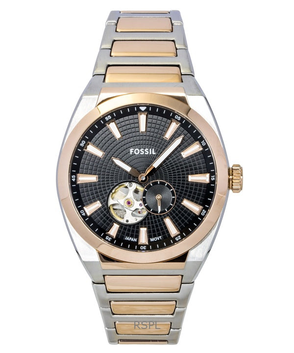 Fossil Everett Zweifarbige Edelstahl Offenes Herz Schwarzes Zifferblatt Automatik ME3277 Herrenuhr