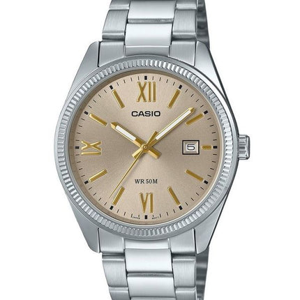 Casio Standard Analog ionenplattierter Edelstahl beiges Zifferblatt Quarz MTP-1302DD-9AV Herrenuhr