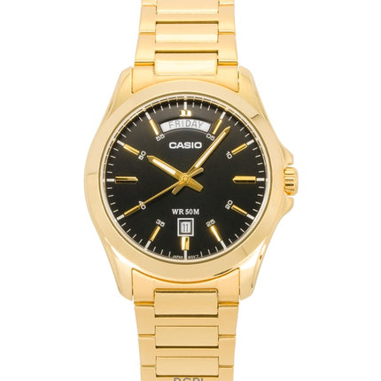 Casio Standard Analog Goldton Edelstahl Schwarzes Zifferblatt Quarz MTP-1370G-1AV Herrenuhr