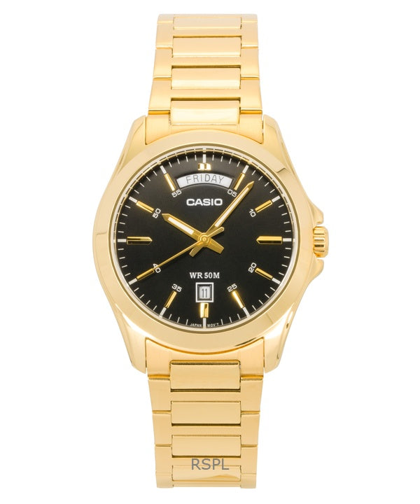 Casio Standard Analog Goldton Edelstahl Schwarzes Zifferblatt Quarz MTP-1370G-1AV Herrenuhr