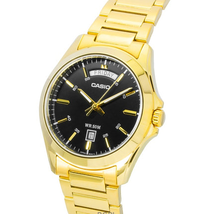 Casio Standard Analog Goldton Edelstahl Schwarzes Zifferblatt Quarz MTP-1370G-1AV Herrenuhr