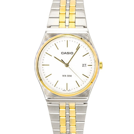 Casio Analog Zweifarbige Herrenuhr aus Edelstahl mit weißem Zifferblatt und Quarzwerk MTP-B145SG-7AV