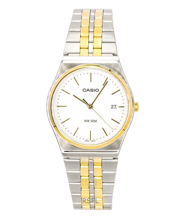 Casio Analog Zweifarbige Herrenuhr aus Edelstahl mit weißem Zifferblatt und Quarzwerk MTP-B145SG-7AV