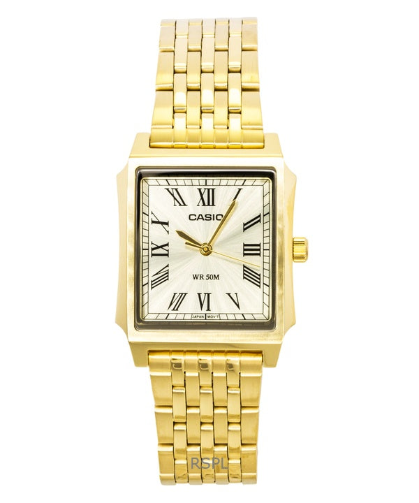 Casio Analog Herrenuhr aus Edelstahl mit goldenem Zifferblatt und Quarzwerk MTP-B190G-9BV