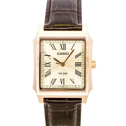 Casio Herrenuhr mit analogem Lederarmband, goldenem Zifferblatt und Quarzwerk, Modell MTP-B190RGL-9BV