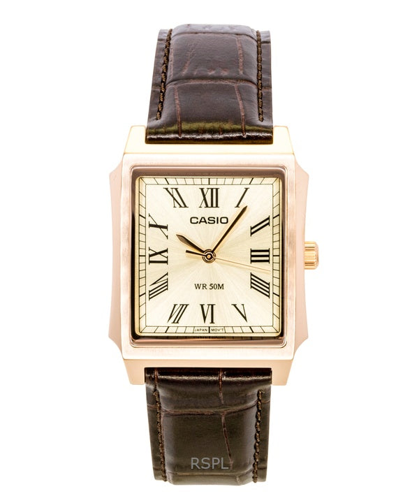 Casio Herrenuhr mit analogem Lederarmband, goldenem Zifferblatt und Quarzwerk, Modell MTP-B190RGL-9BV