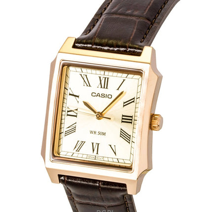 Casio Herrenuhr mit analogem Lederarmband, goldenem Zifferblatt und Quarzwerk, Modell MTP-B190RGL-9BV