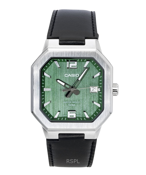 Casio Herrenuhr mit analogem Lederarmband, grünem Zifferblatt und Quarzwerk, Modell MTP-B195L-3AV