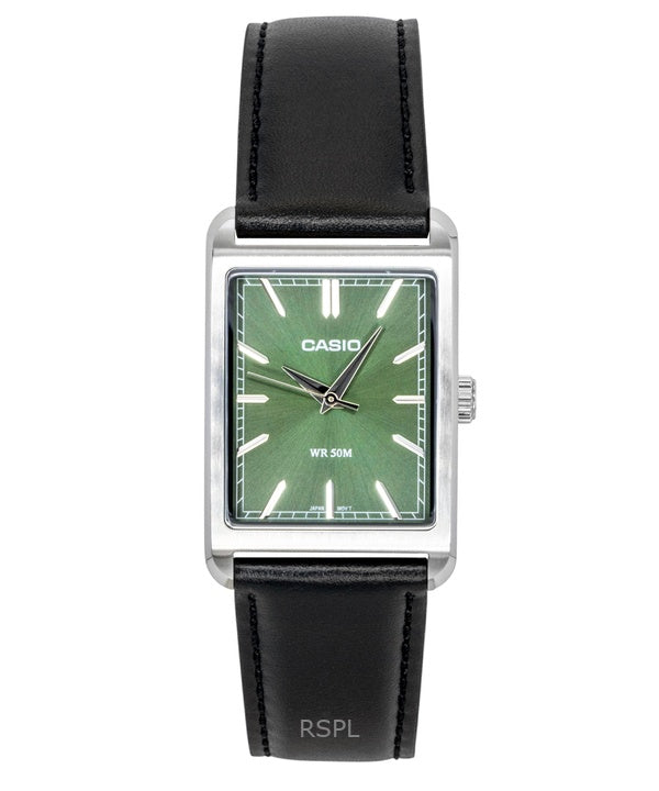 Casio Herrenuhr mit analogem Lederarmband, grünem Zifferblatt und Quarzwerk, Modell MTP-B215L-3AV