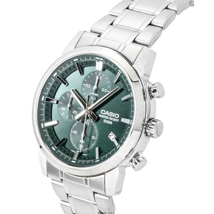 Casio Chronograph Analog Edelstahl Grünes Zifferblatt Quarz MTP-E510D-3AV Herrenuhr