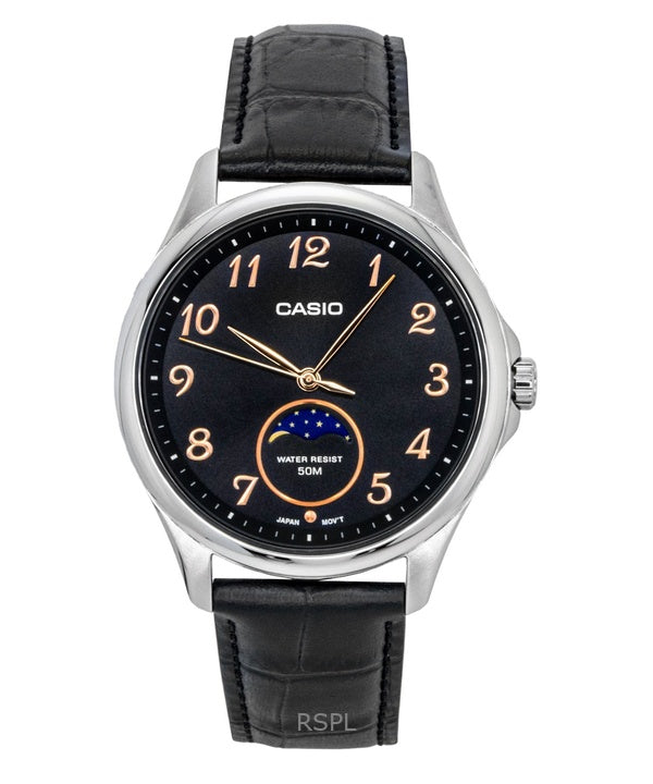 Casio Standard Analog Mondphasenuhr, Lederarmband, schwarzes Zifferblatt, Quarzwerk, MTP-M110L-1AV, Herrenuhr