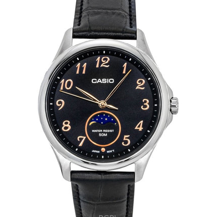 Casio Standard Analog Mondphasenuhr, Lederarmband, schwarzes Zifferblatt, Quarzwerk, MTP-M110L-1AV, Herrenuhr
