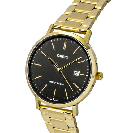 Casio Analog Herrenuhr, goldfarben, Edelstahl, schwarzes Zifferblatt, Quarzwerk, MTP-VT05G-1E