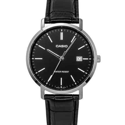 Casio Herrenuhr mit analogem Lederarmband, schwarzem Zifferblatt und Quarzwerk, Modell MTP-VT05L-1E