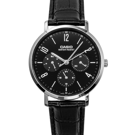 Casio Herrenuhr mit analogem Lederarmband, schwarzem Zifferblatt und Quarzwerk, Modell MTP-VT06L-1B