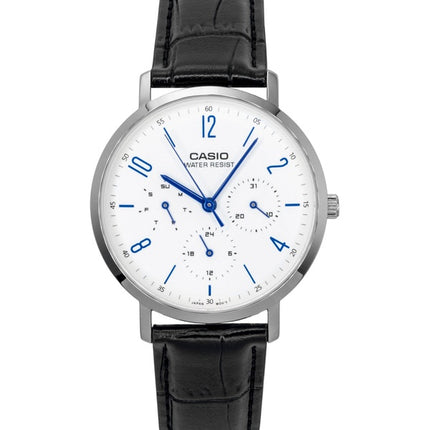 Casio Herrenuhr mit analogem Lederarmband, weißem Zifferblatt und Quarzwerk, Modell MTP-VT06L-7B