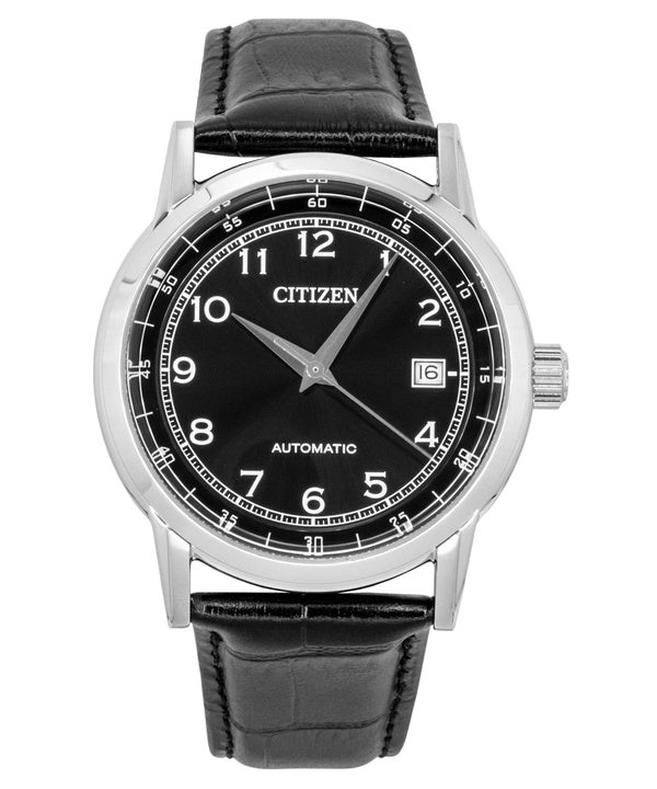 Citizen Herrenuhr mit Kalbslederarmband, schwarzem Zifferblatt, Automatik, NJ0210-05E, wasserdicht bis 100 m