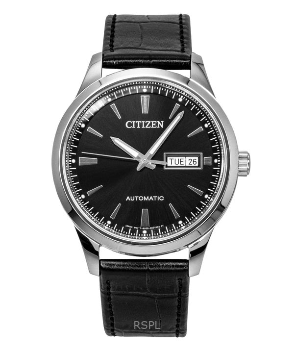 Citizen Herrenuhr mit Lederarmband, schwarzem Zifferblatt und Automatikwerk NY4058-01E