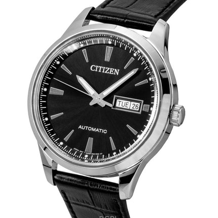 Citizen Herrenuhr mit Lederarmband, schwarzem Zifferblatt und Automatikwerk NY4058-01E