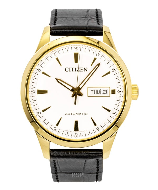 Citizen Lederarmband weißes Zifferblatt Automatik NY4059-09A Herrenuhr