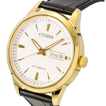 Citizen Lederarmband weißes Zifferblatt Automatik NY4059-09A Herrenuhr