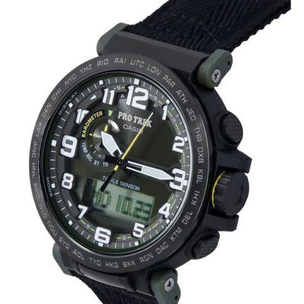 Casio ProTrek Analog-Digital-Armband aus biobasiertem Harz und Stoff, grünes Zifferblatt, Solar PRG-601YB-3 100M Herrenuhr